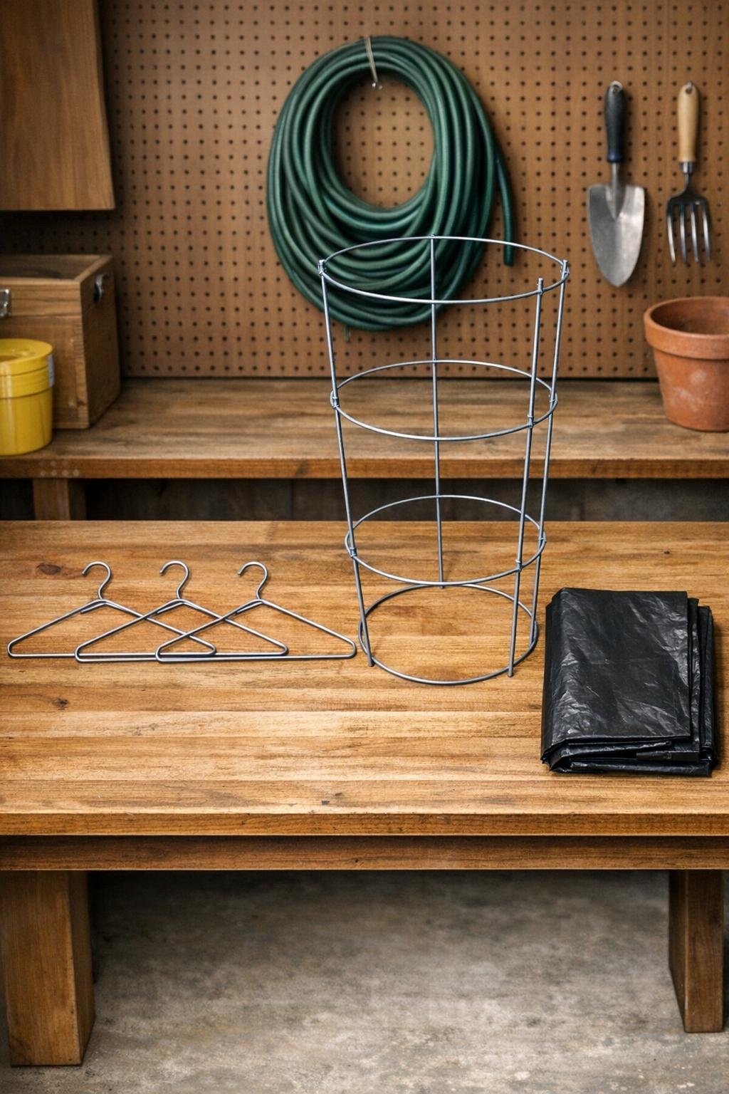 Materials for a DIY fall garden debris collection bin laid out on a workbench