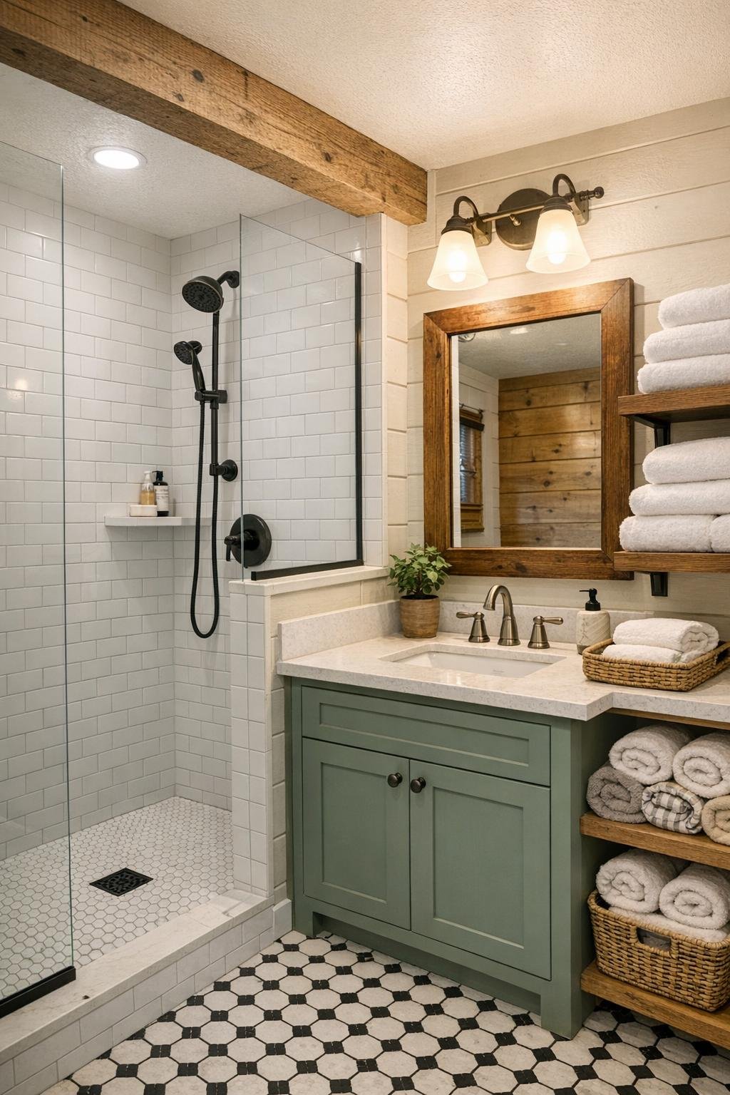 Bright cottage bathroom with a tiled shower, painted vanity, and classic small-scale finishes