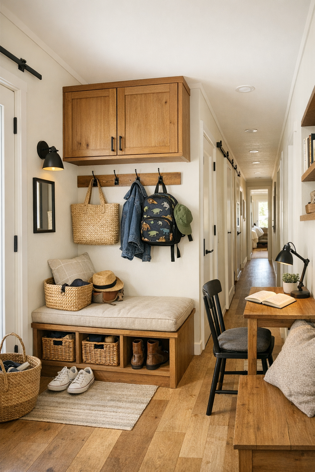 Functional entry and hallway area with built-in storage, warm wood, and soft cream finishes