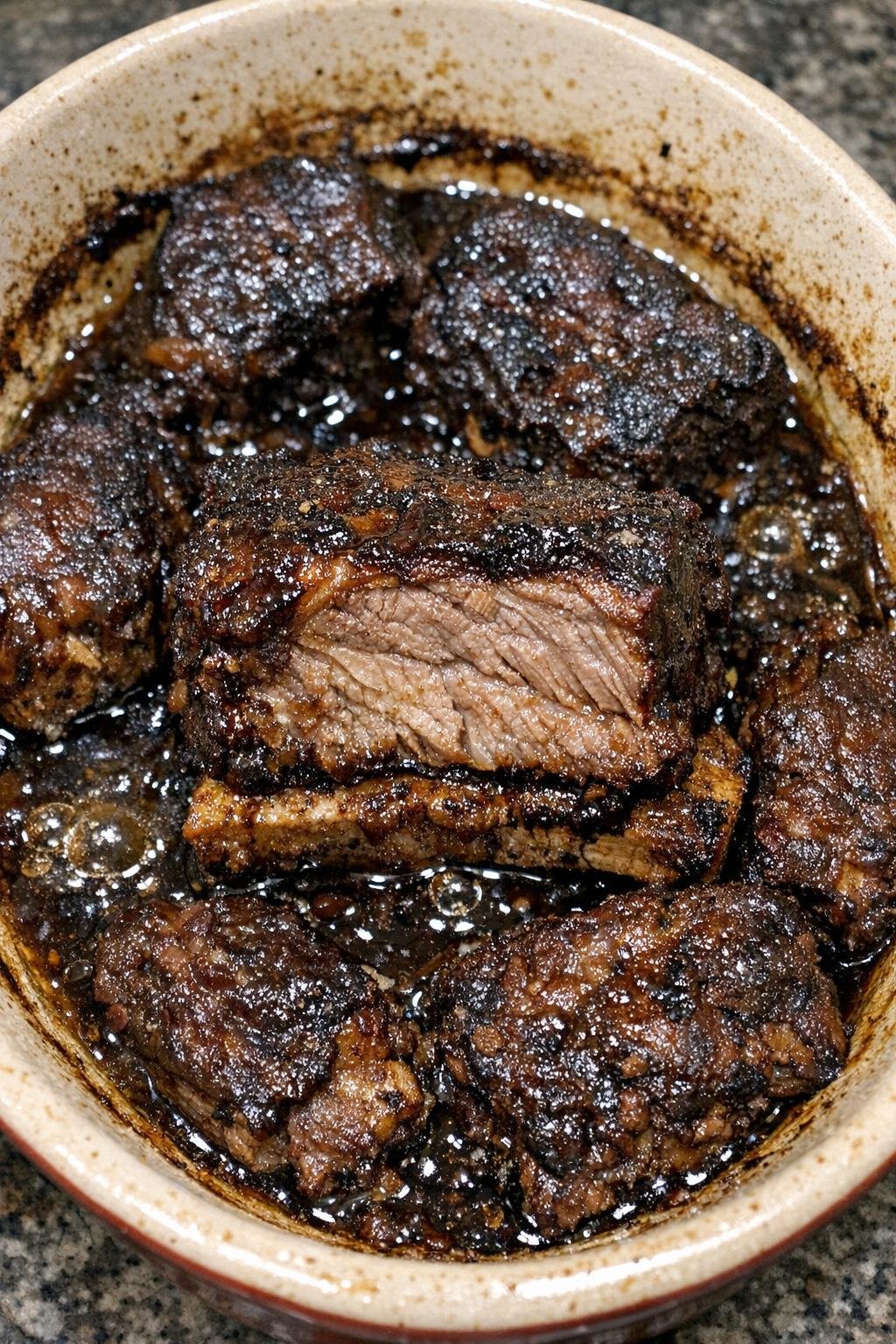 Caramelized beef short ribs in stoneware dish