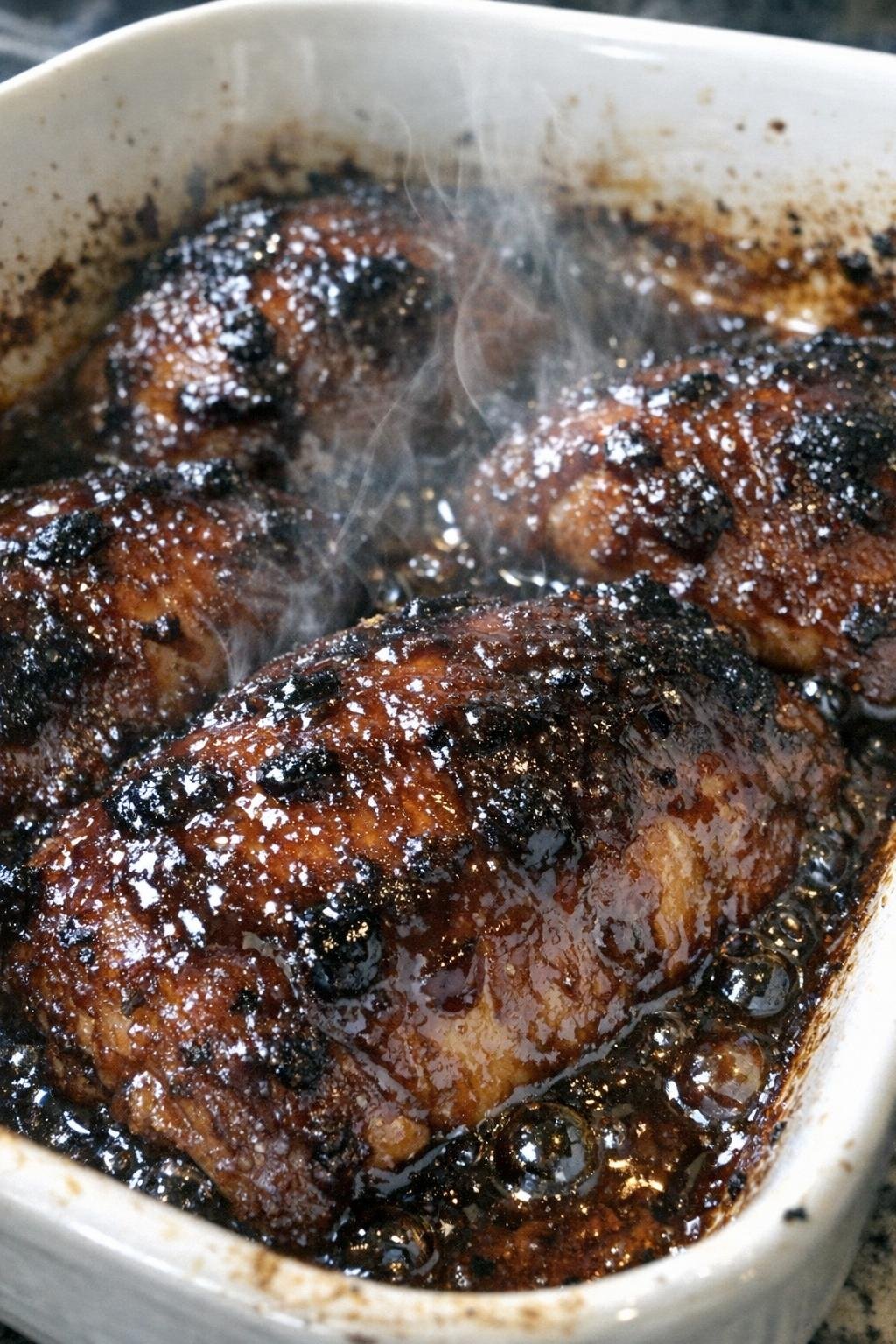 Bubbling glazed baked protein in a ceramic dish