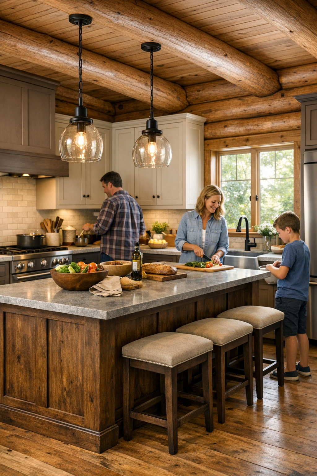 Family-friendly log home kitchen with inset cabinetry, wood island, and soft natural finishes