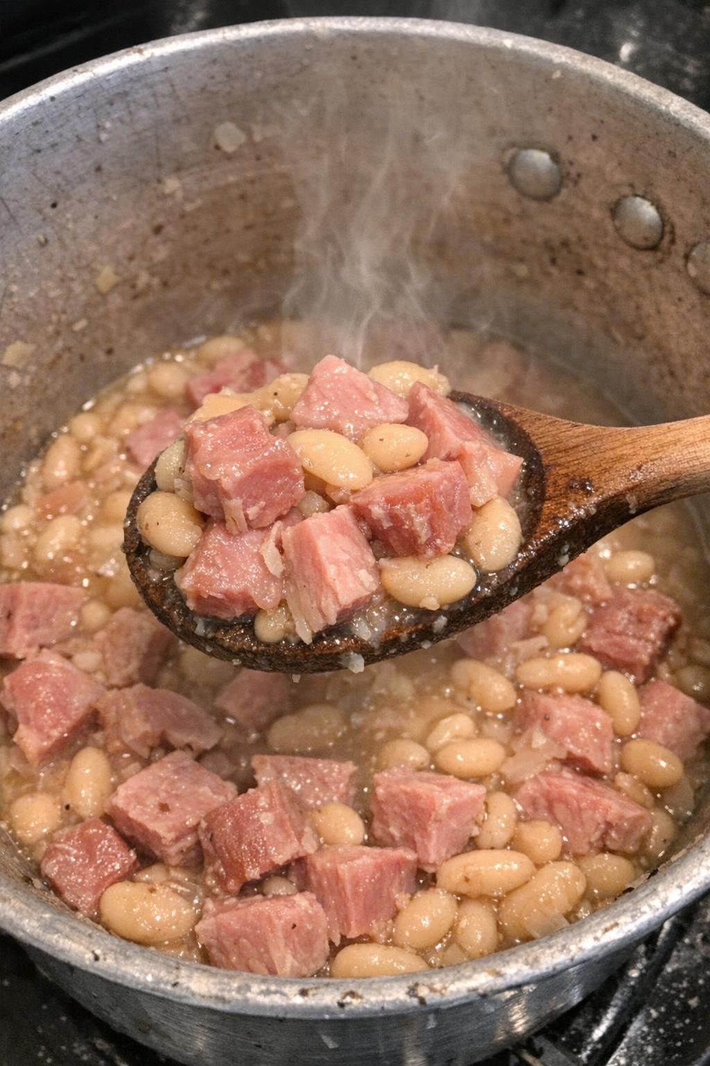 Ham and white beans in a dented pot