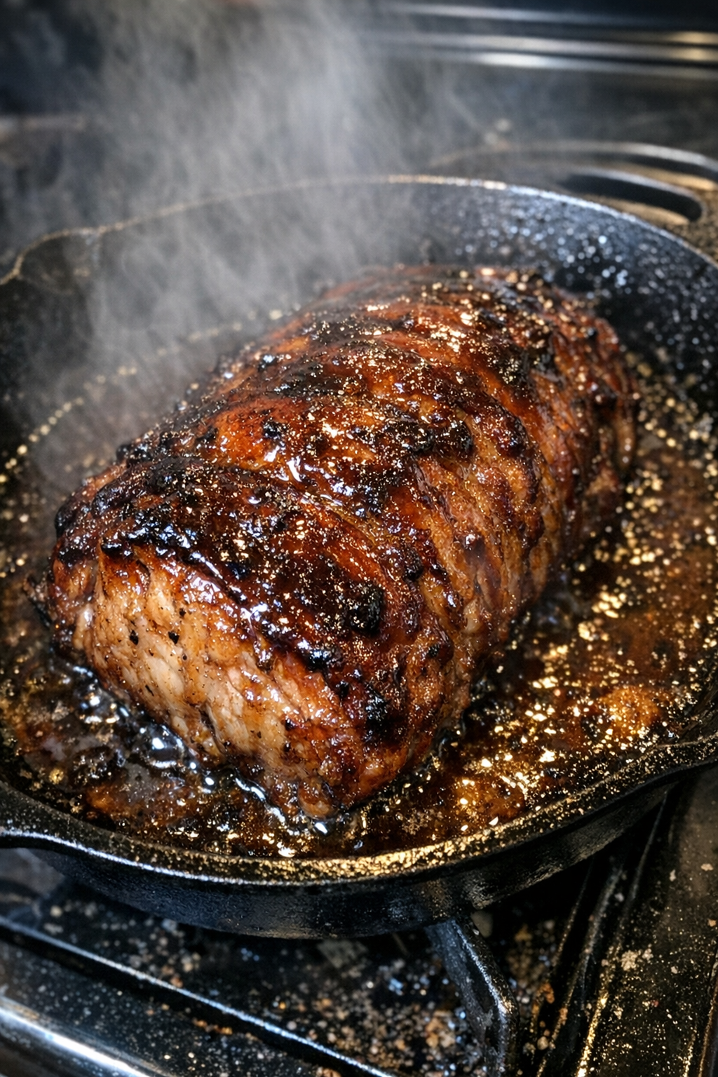 Roasted glazed protein in a cast iron pan