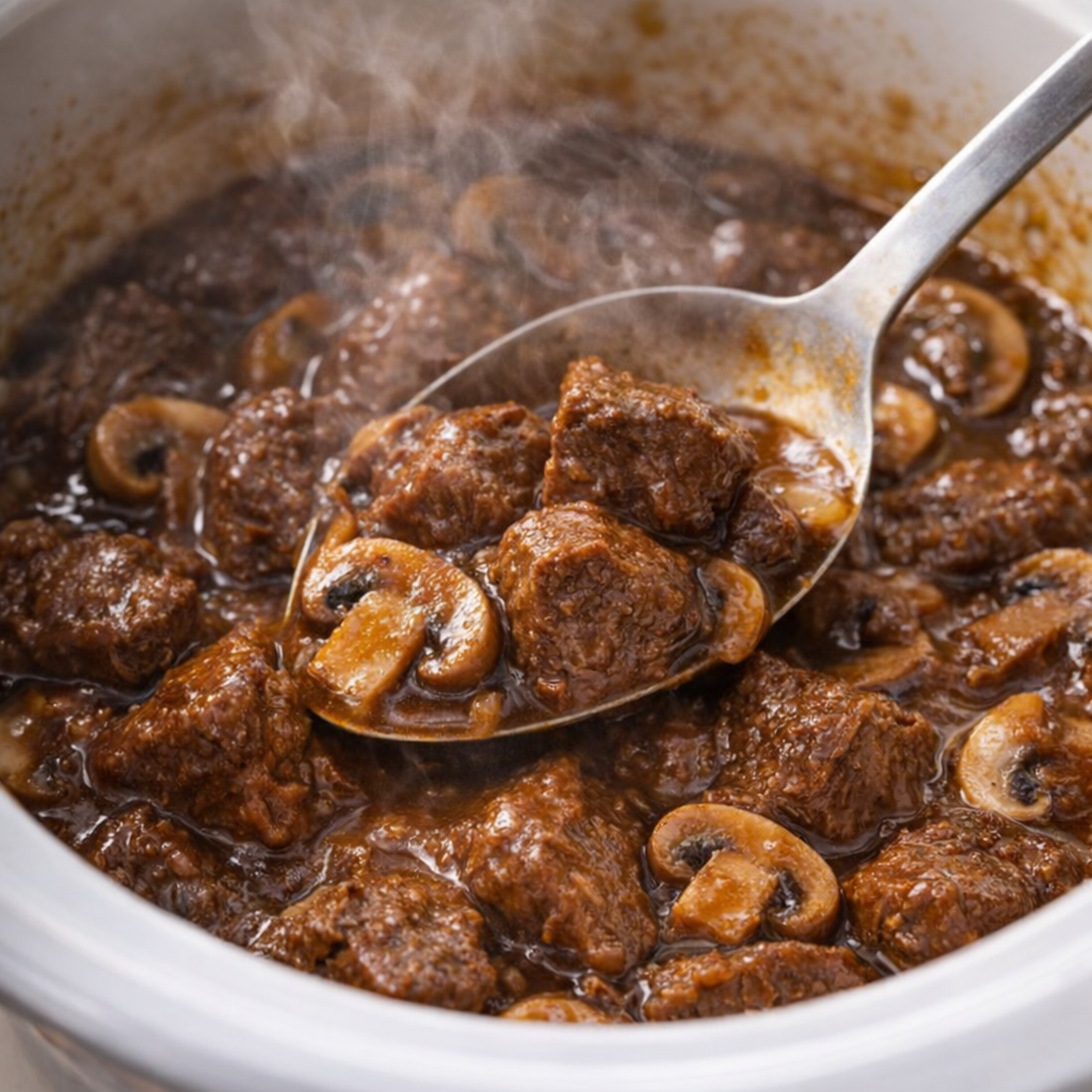 Malse stukjes rundvlees en champignons worden door een rijke jus geroerd.