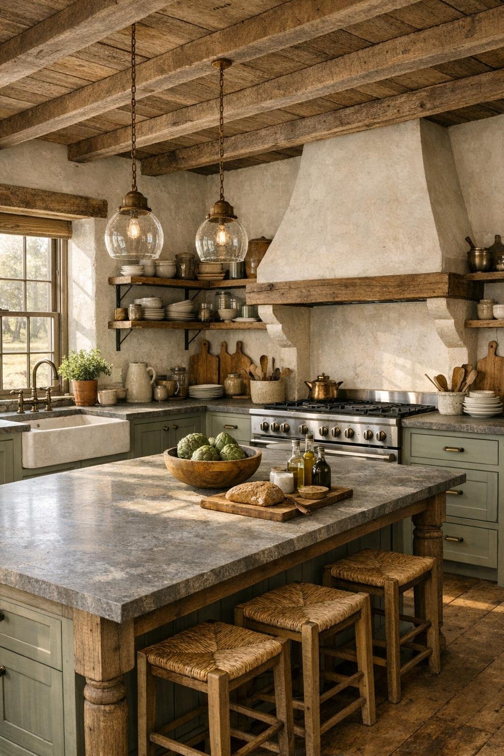 Farmhouse kitchen with sage cabinetry, honed stone counters, a large island, and a plaster range hood