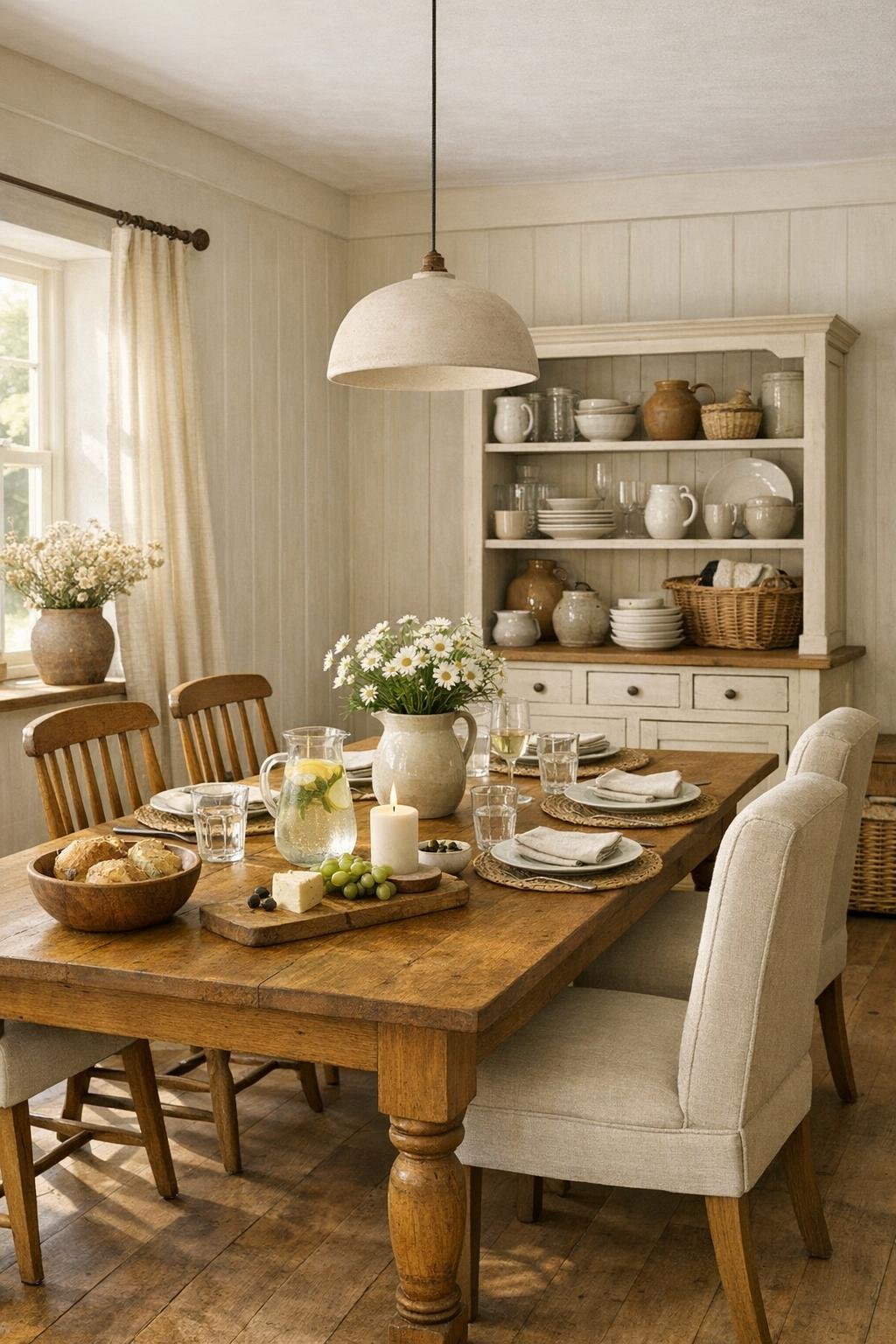 Tailored cottage dining room with oak table, spindle chairs, and soft paneled walls