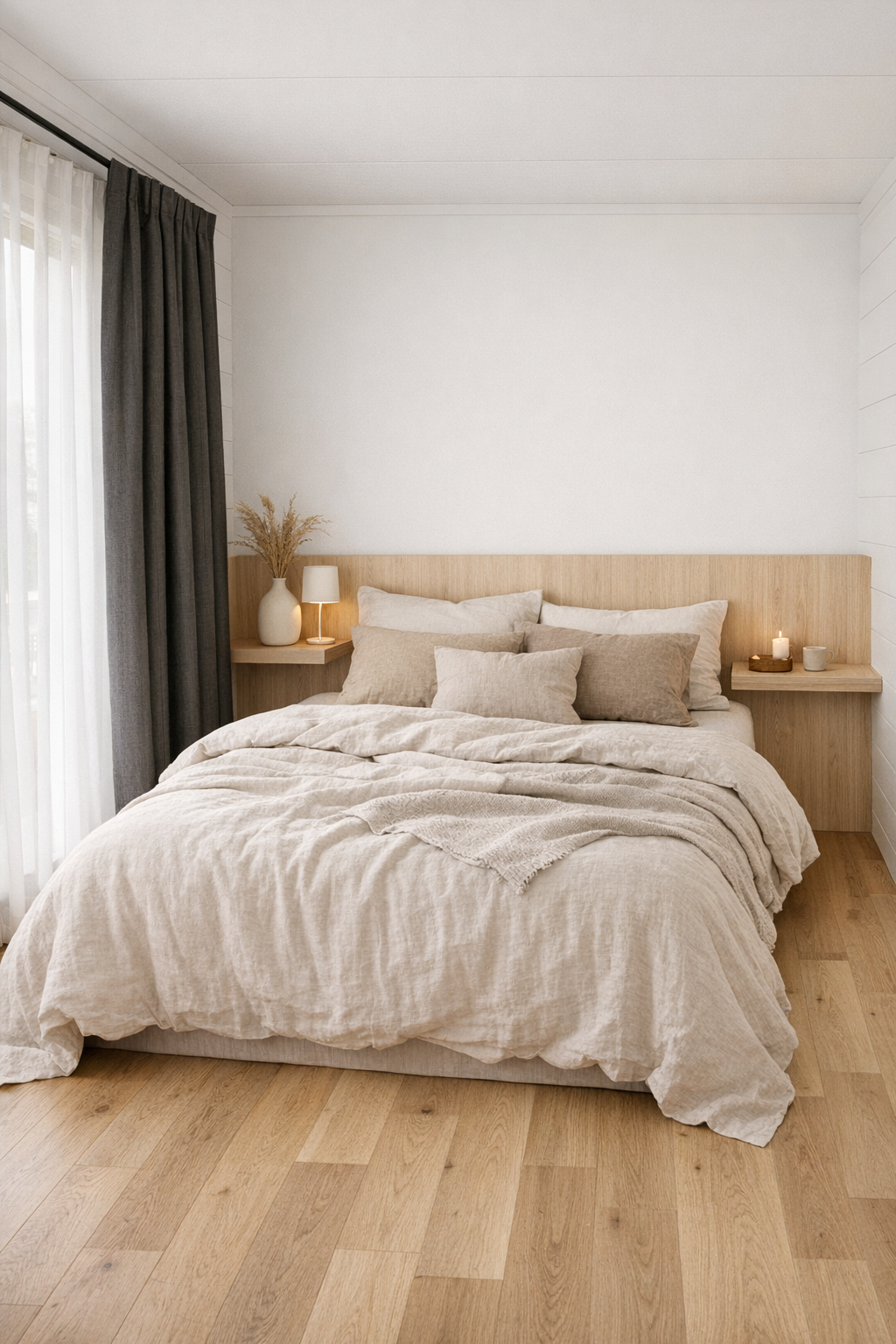 Calm tiny home bedroom with flax bedding, pale wood details, and accessible clear floor space