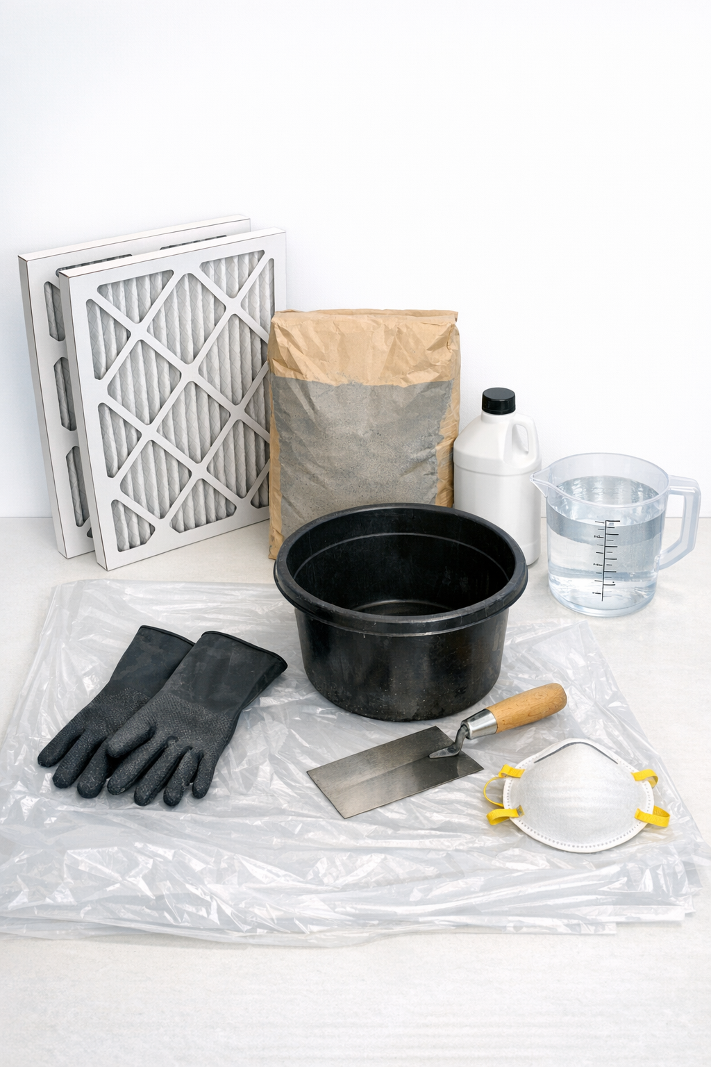 Materials for making ribbed cement landscape blocks laid out on a worktable