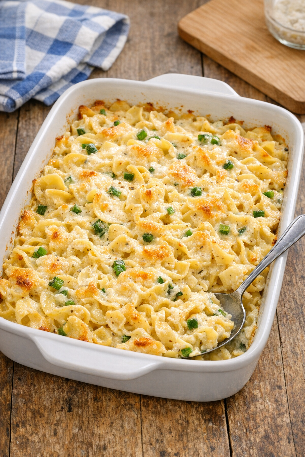 Finished baked jalapeno cream cheese noodles in a casserole dish