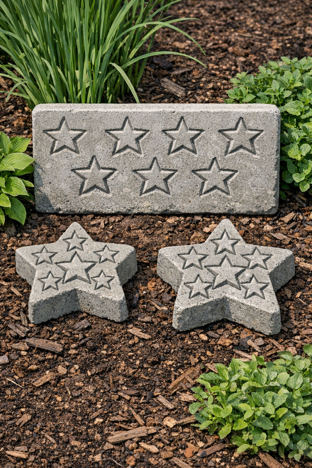 Finished heavy concrete star-studded yard forms displayed in a garden