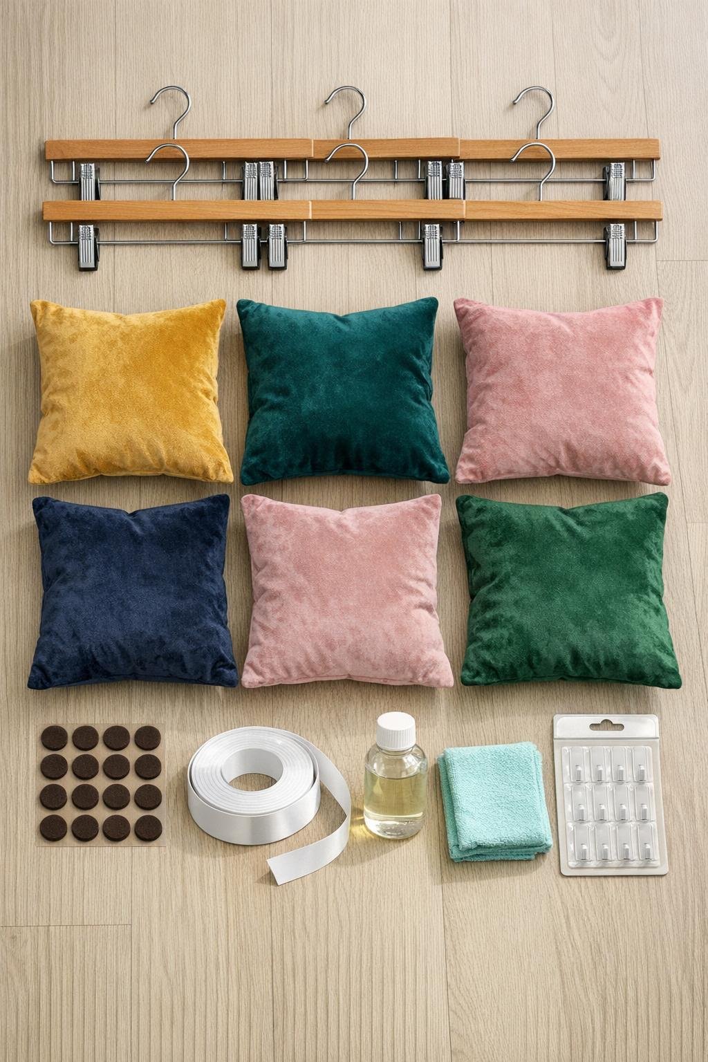Materials for pillow hanger storage laid out together