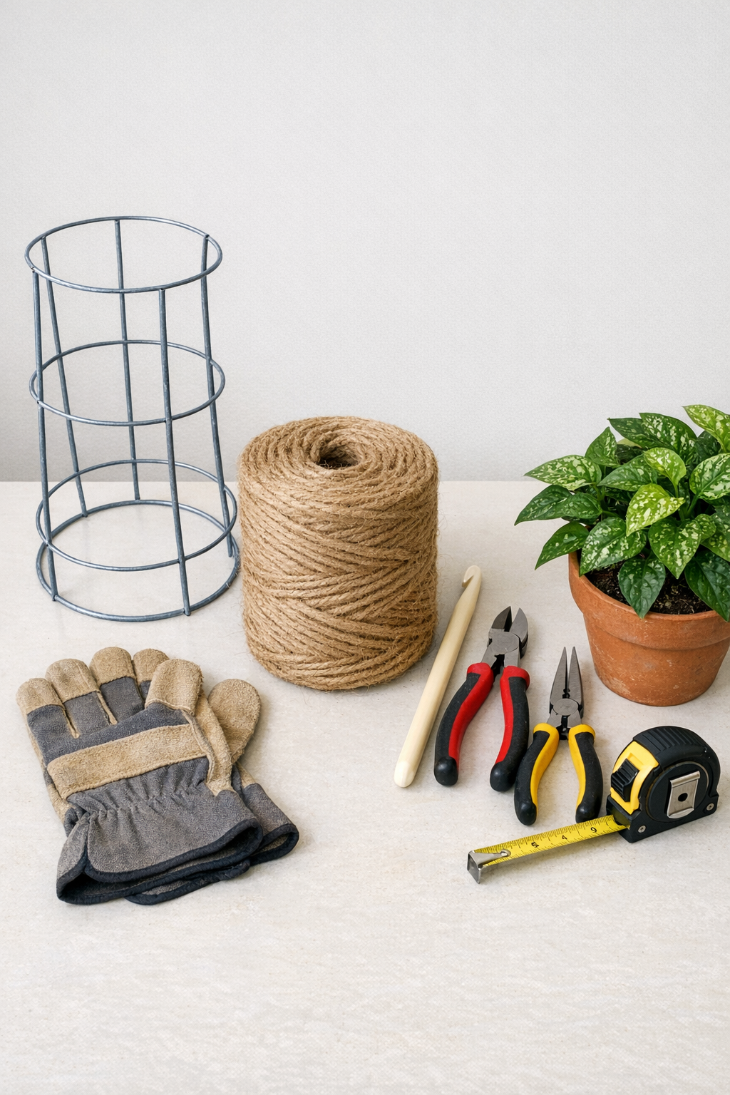 Materials for a crocheted jute planter stand laid out on a table