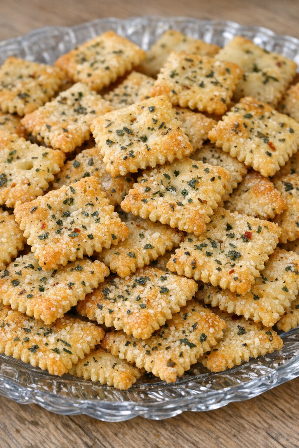 Southern ranch crackers on a glass serving platter