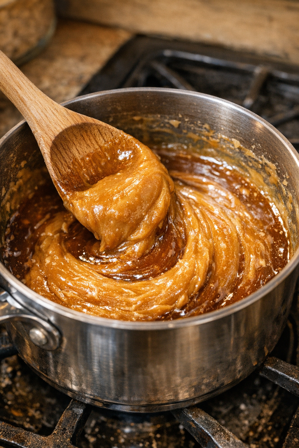 Peanut butter and maple syrup melting together in a saucepan