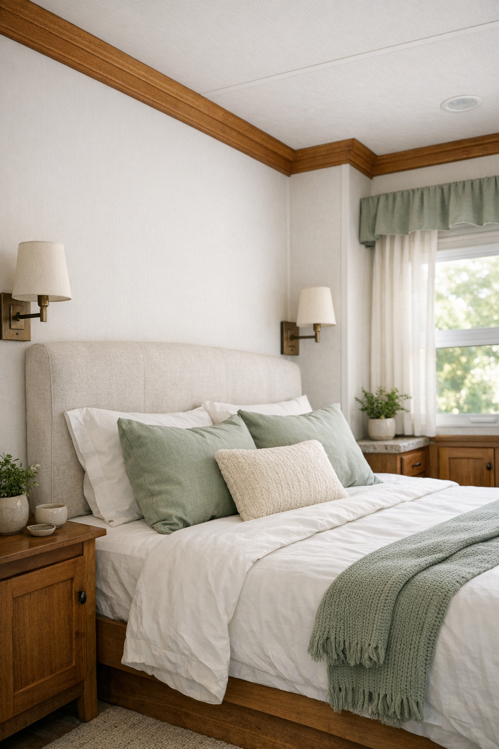 Serene small bedroom with white bedding, sage accents, and warm wood trim