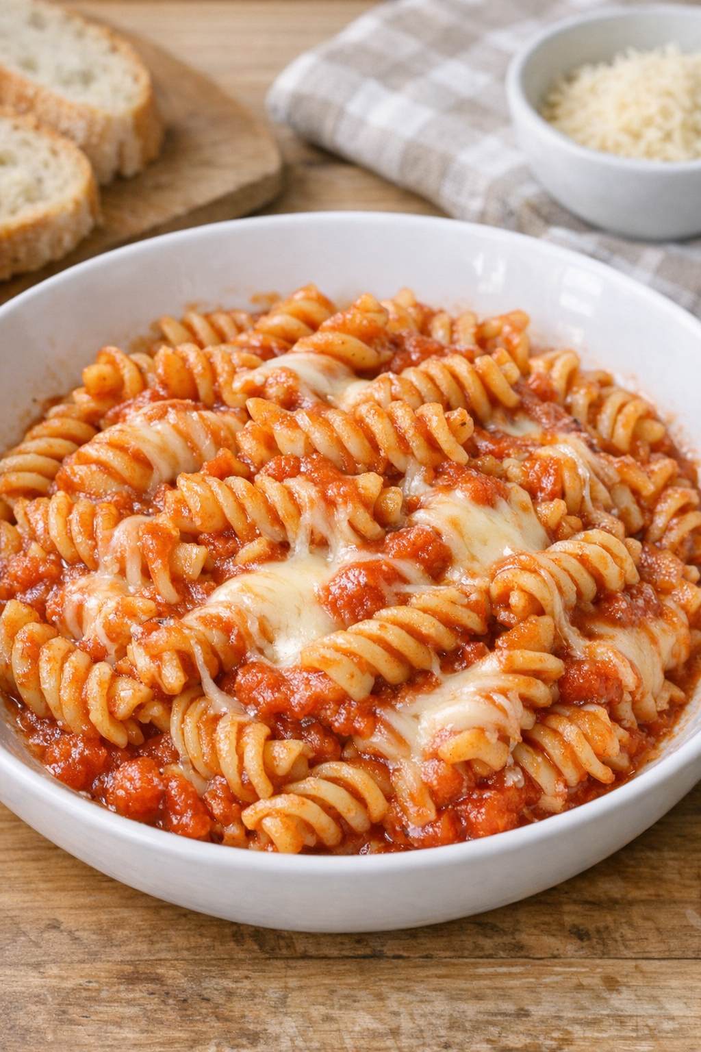 Finished slow cooker fusilli plated in a bowl