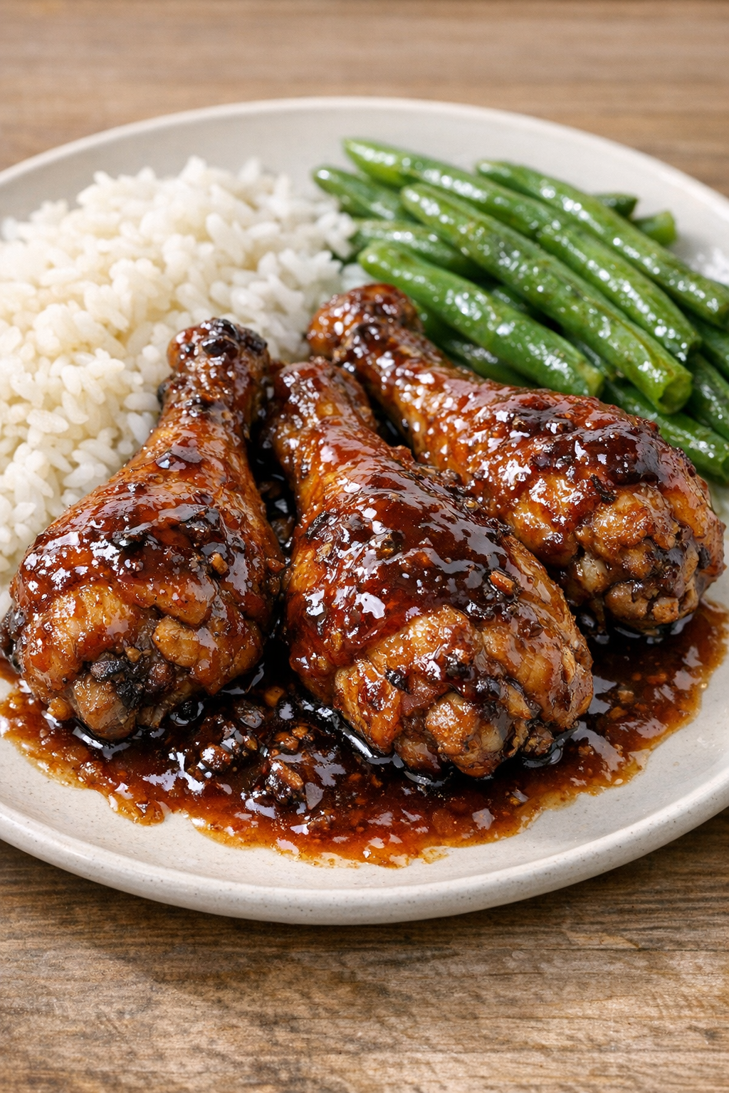 Finished glazed chicken drumsticks plated with a sticky baked sauce