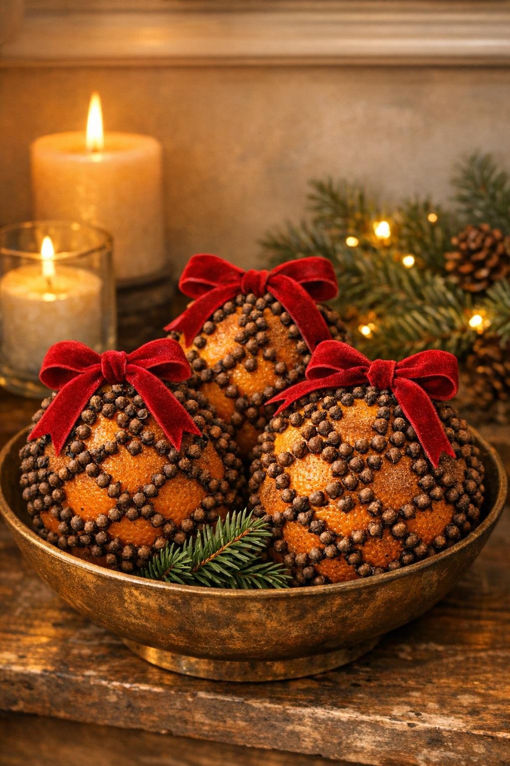 Finished old-fashioned clove pomanders displayed indoors