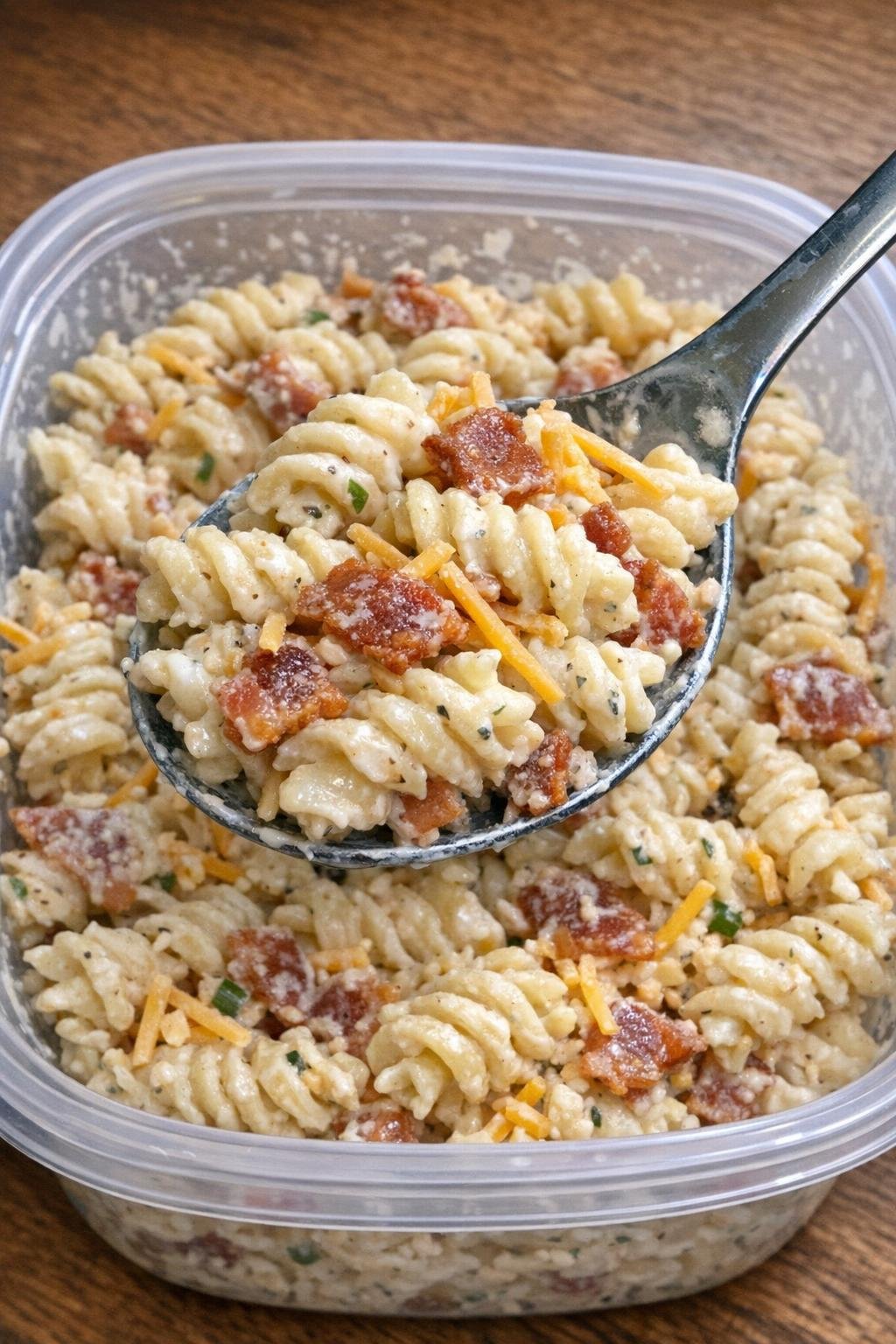 Creamy rotini pasta salad with bacon and cheddar in a clear container