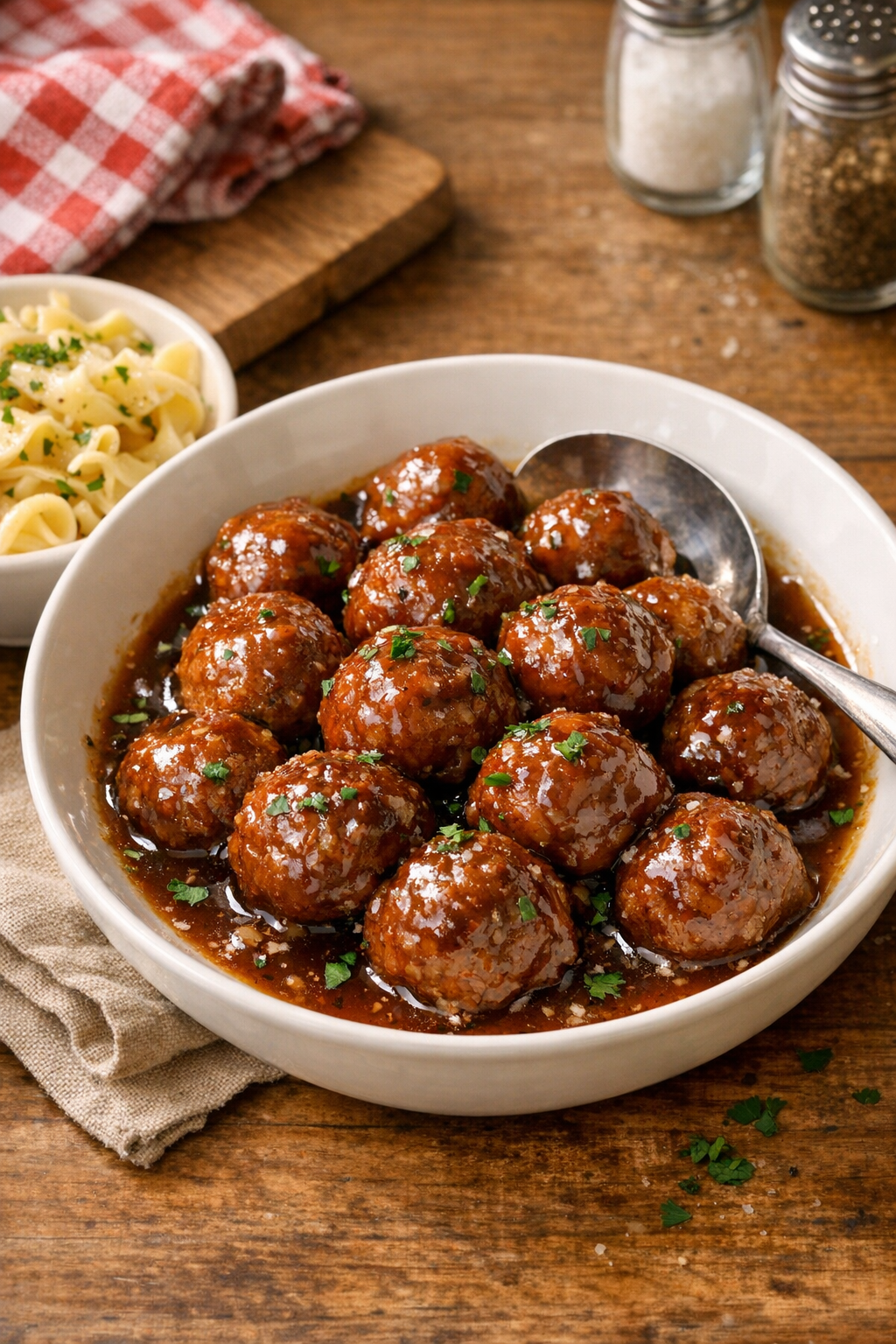 Finished vintage pork meatballs in sauce