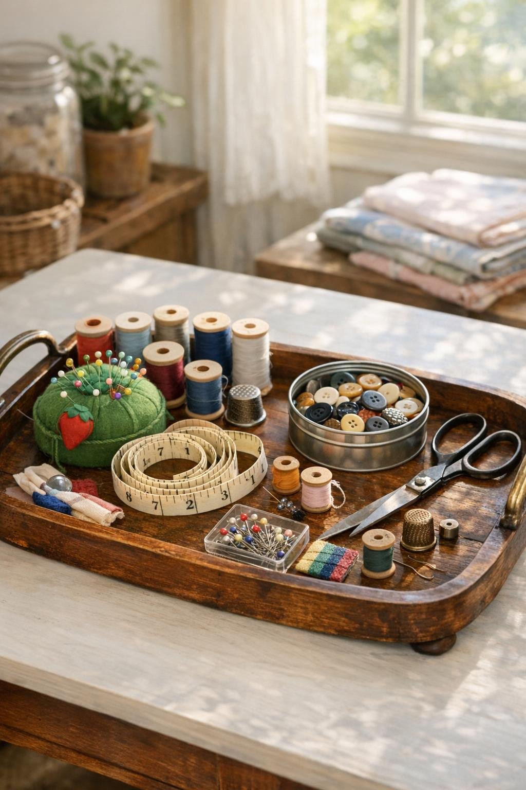 Old serving tray holding sewing and craft supplies
