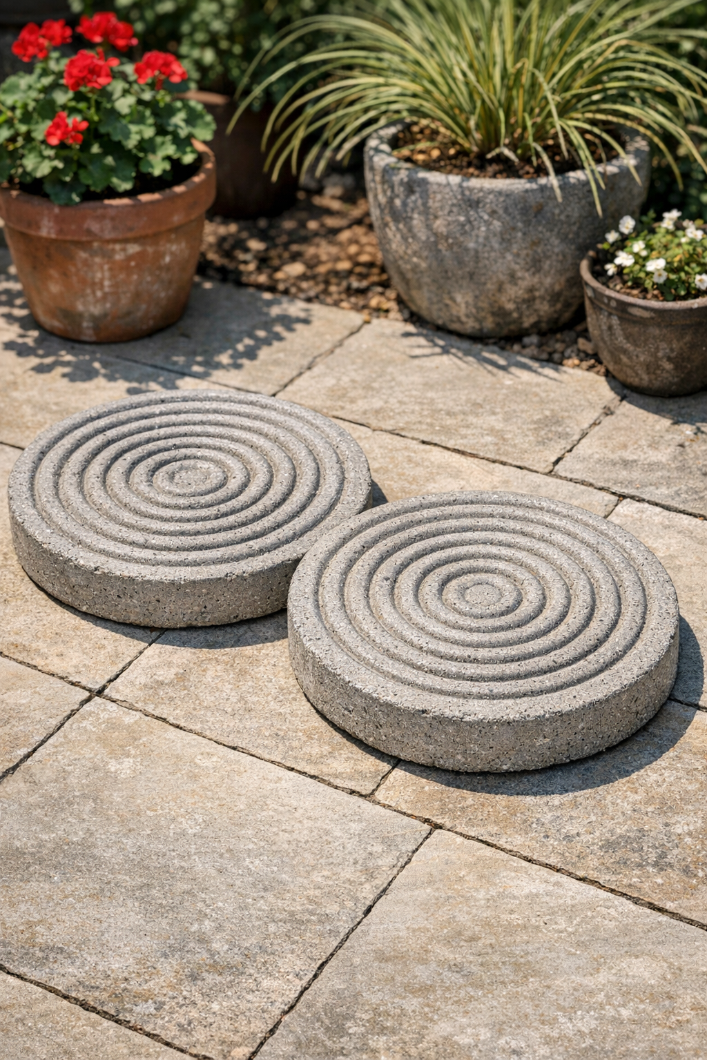 Two finished heavy ringed patio bases made from coiled garden hoses and cement