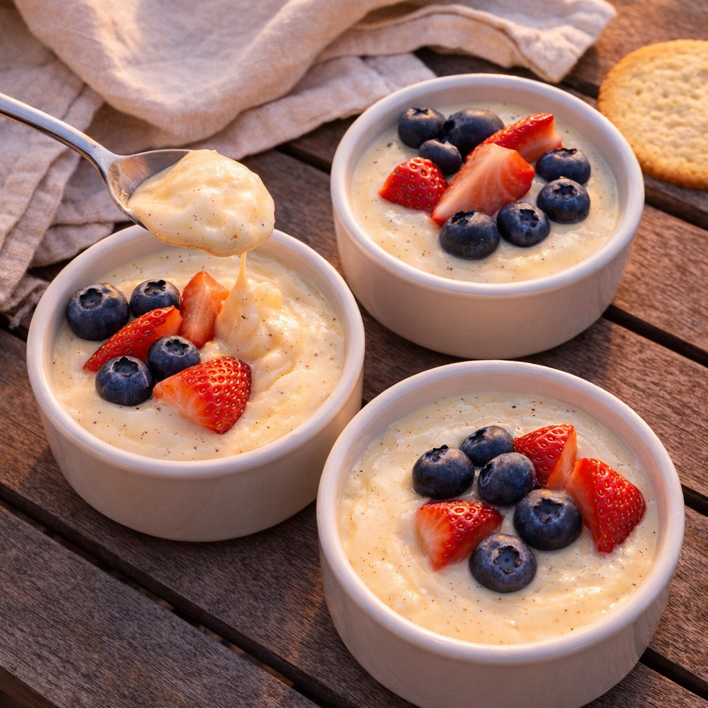Slow cooker vanilla custard served on a patio table with berries