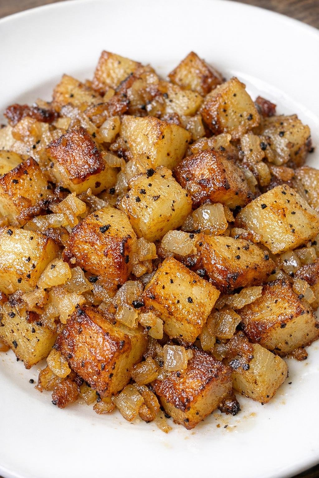 Slow cooker potato and bacon grease hash on a white plate