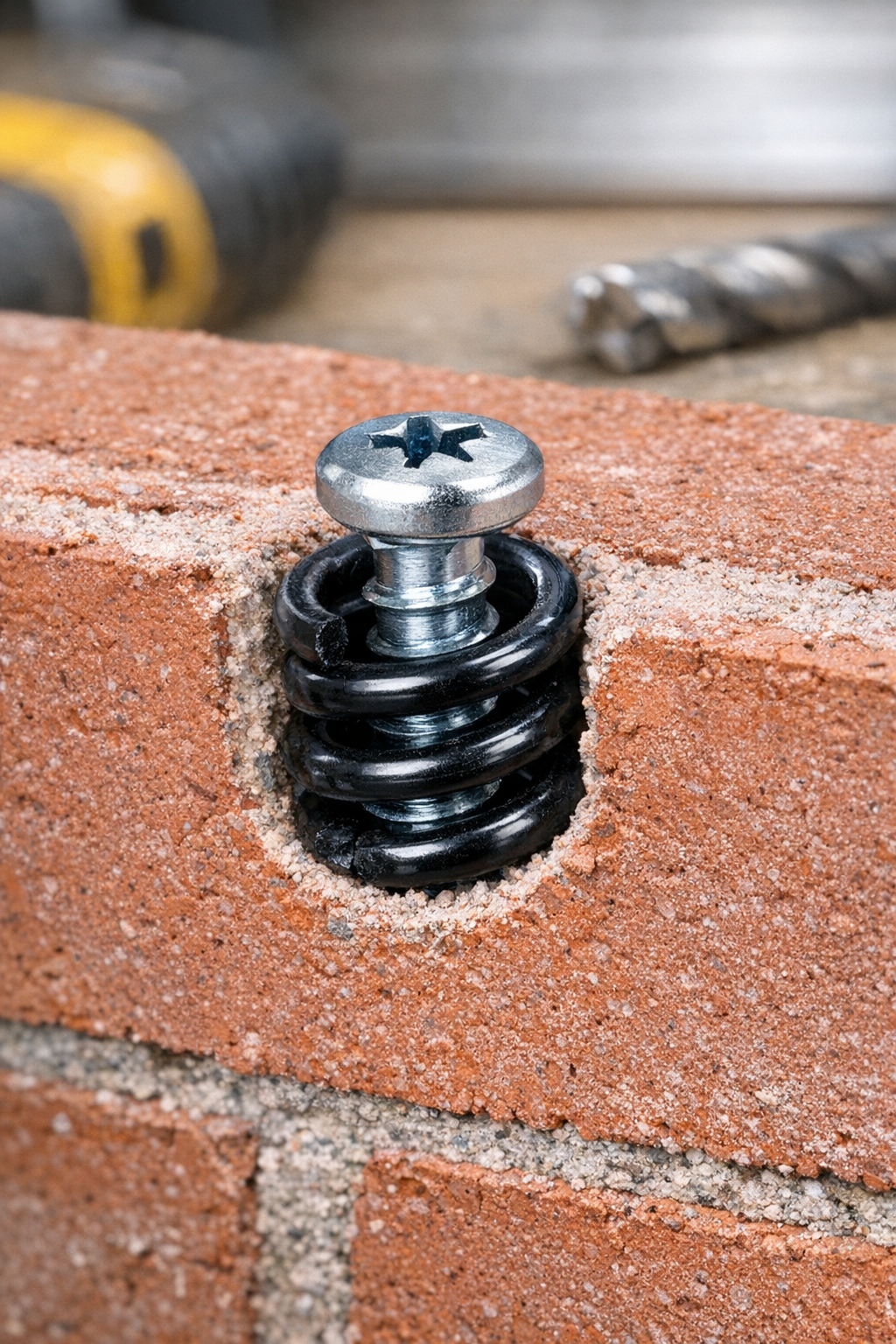 Finished homemade masonry anchor made from melted plastic spiral coil installed in brick with screw