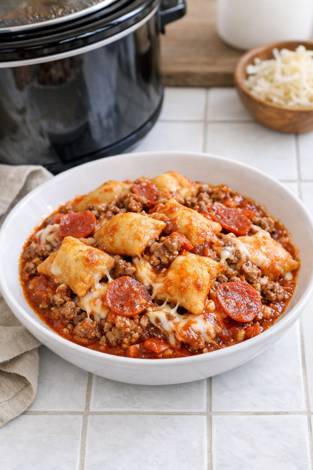 Finished slow cooker pizza beef bake plated in a bowl