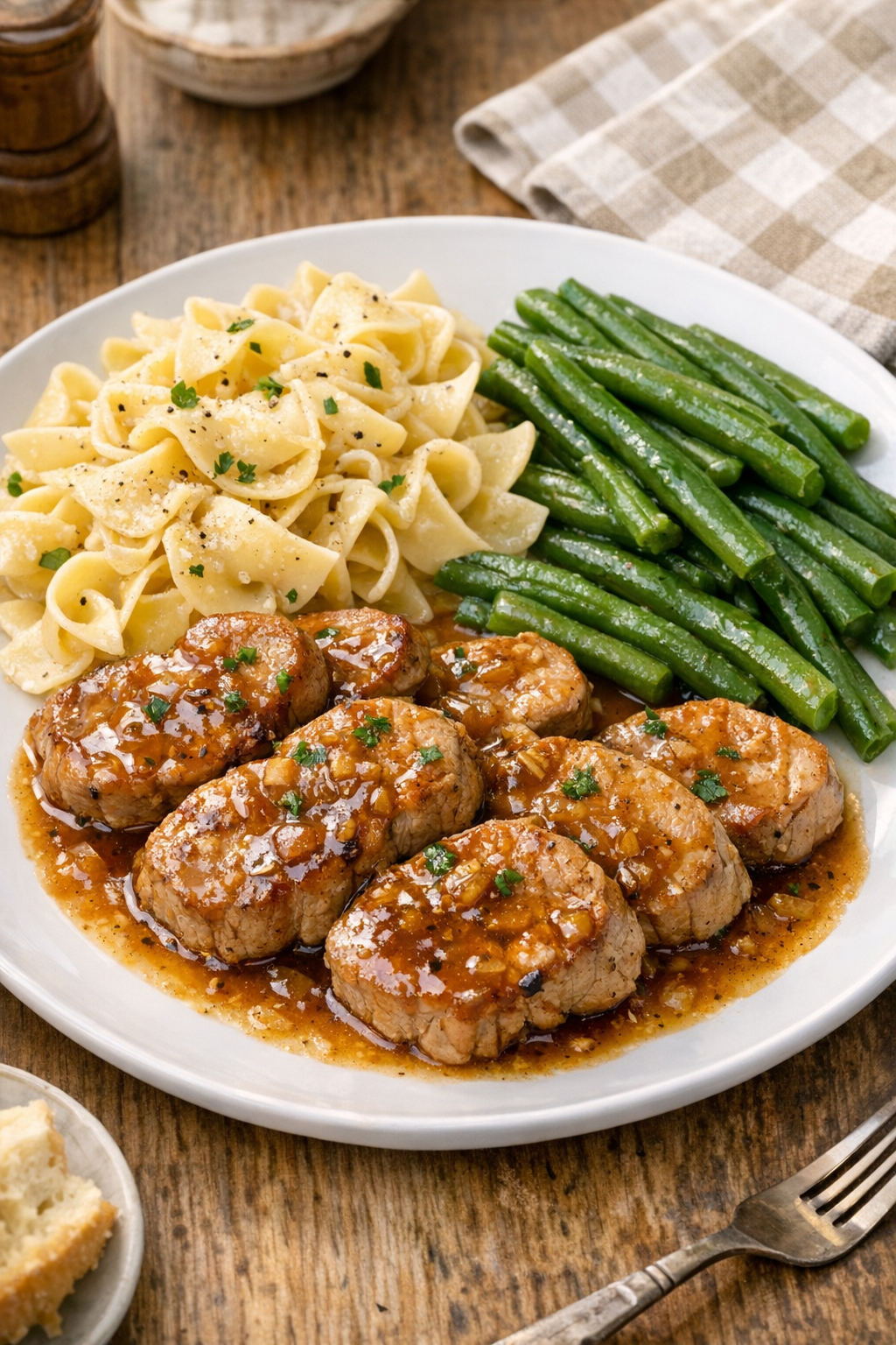 Finished slow cooker pork tenderloin medallions plated with sauce