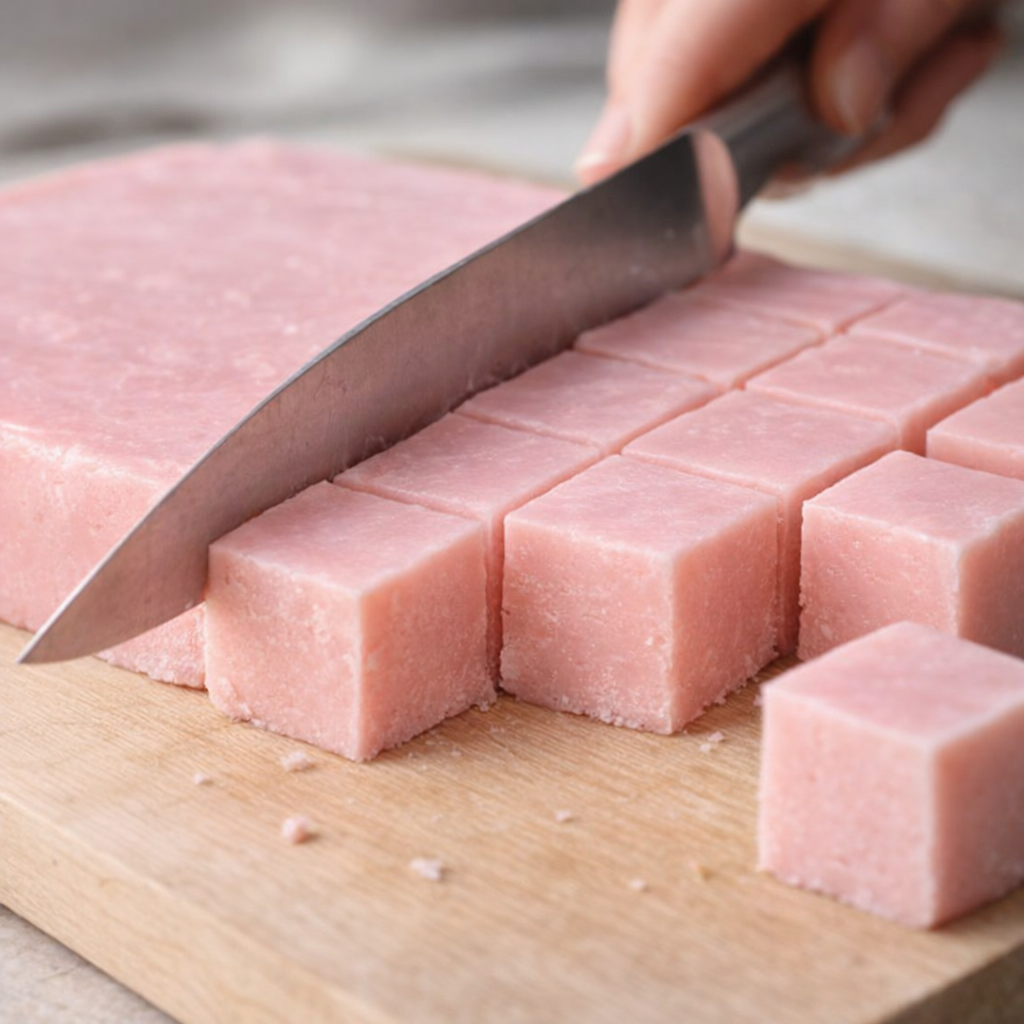 Set strawberry fudge slab being cut into neat squares