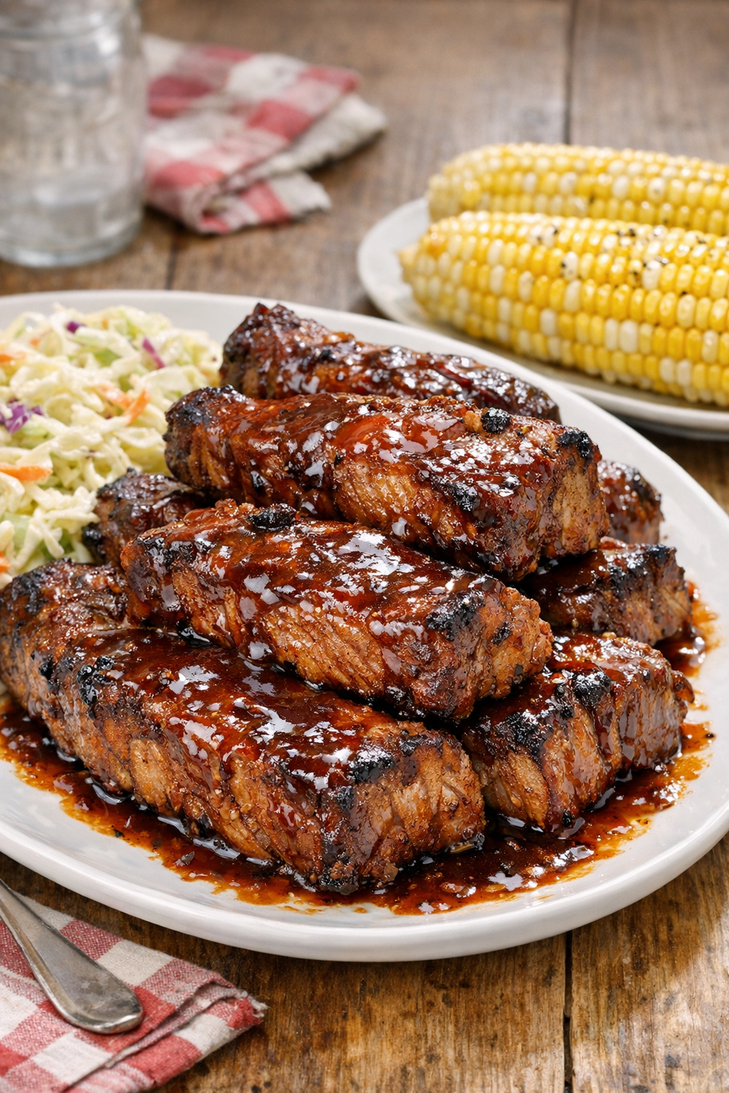 Finished slow cooker country style pork ribs plated with barbecue sides