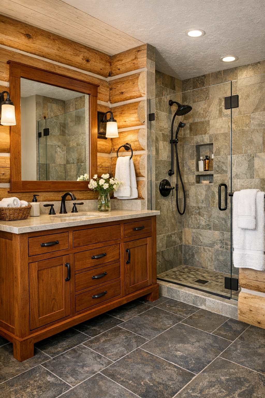 Warm rustic bathroom with a handcrafted wood vanity, stone top, and simple shower