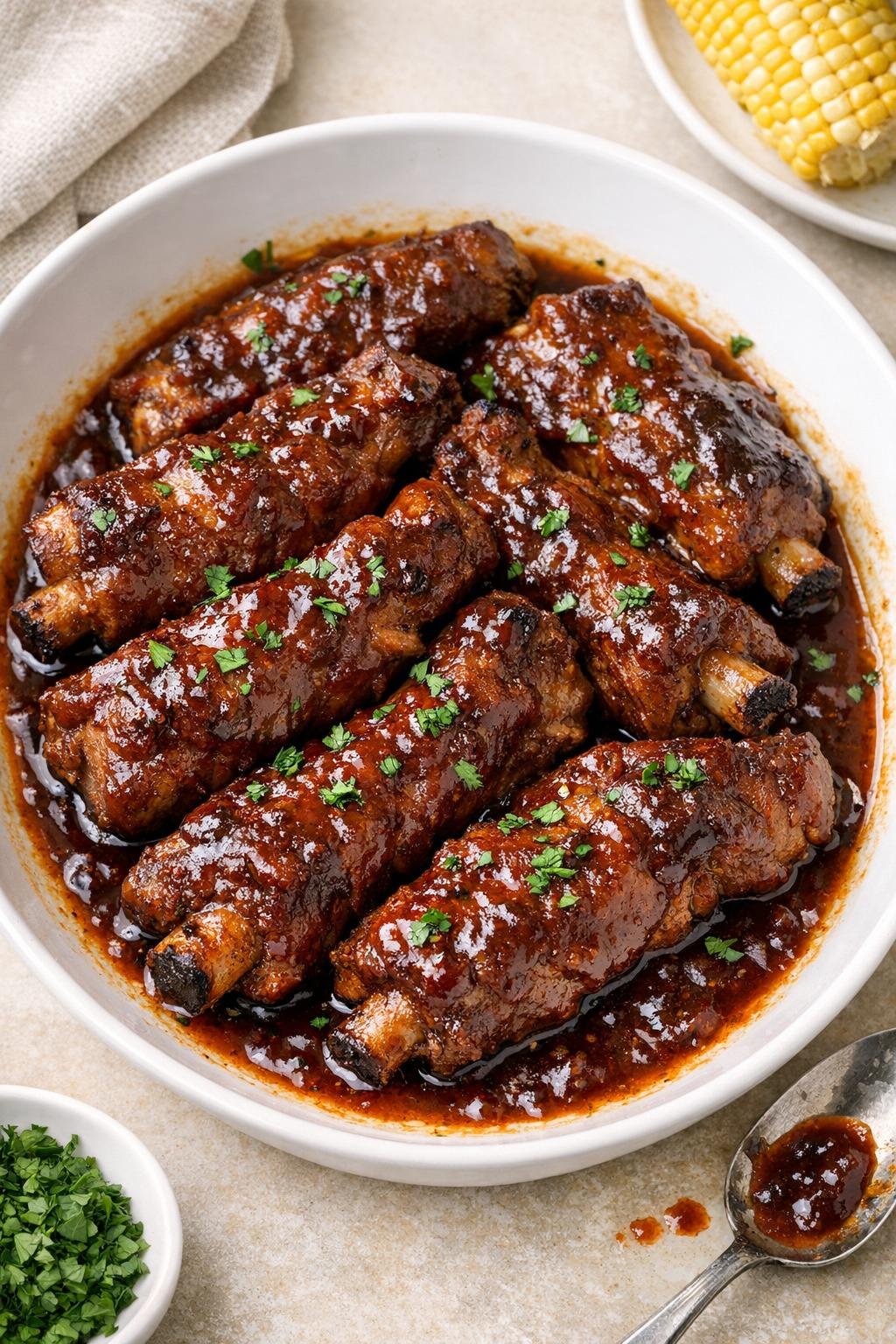 Tender slow cooker country-style pork ribs plated with sauce