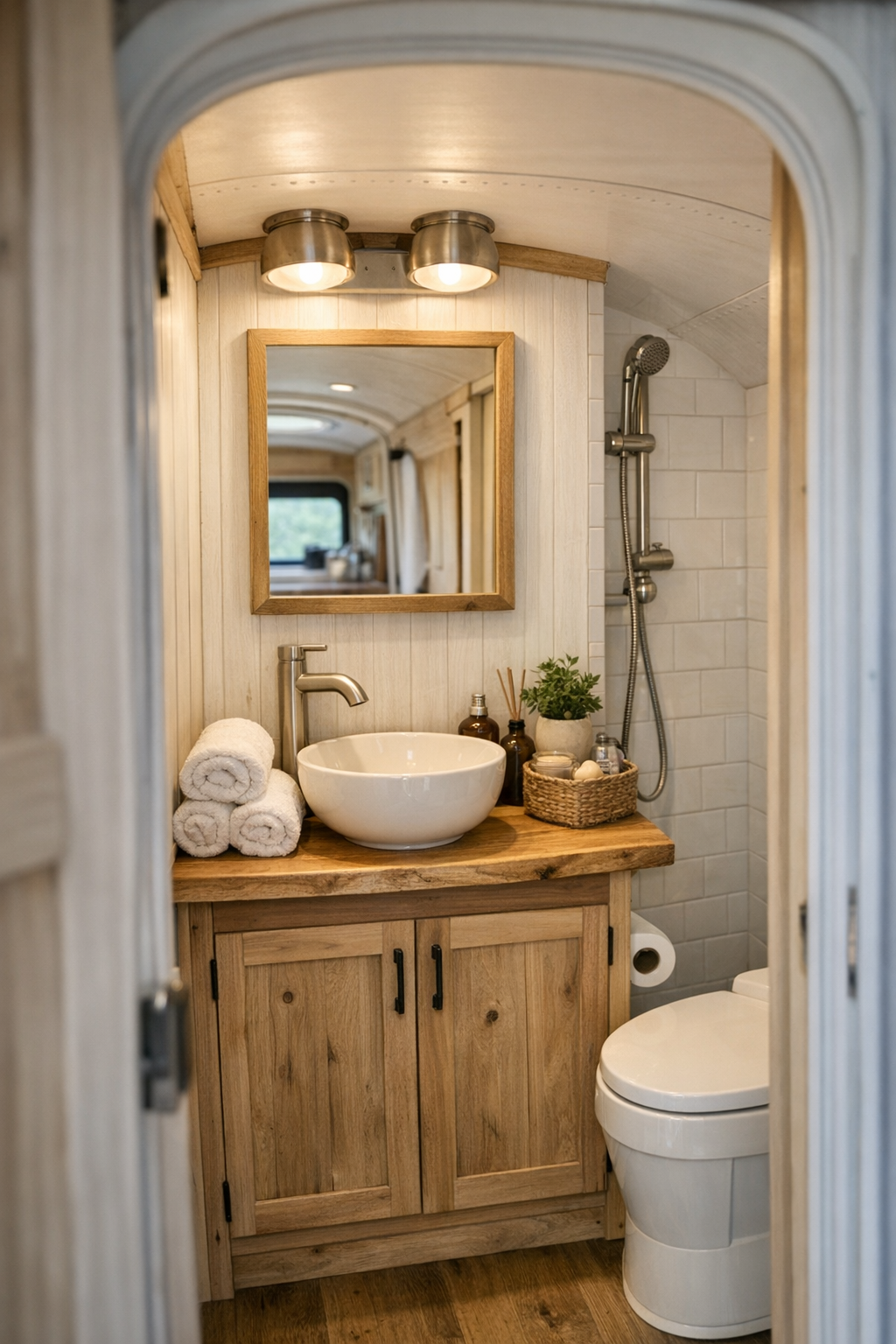 Bright compact bus bathroom with a natural wood vanity, light walls, and simple fixtures