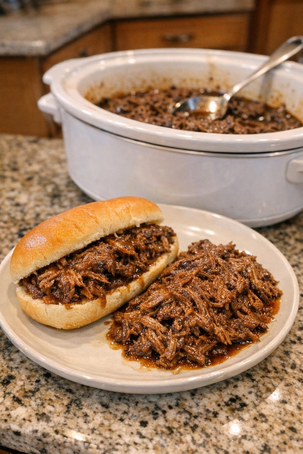 Finished shredded beef plated for serving