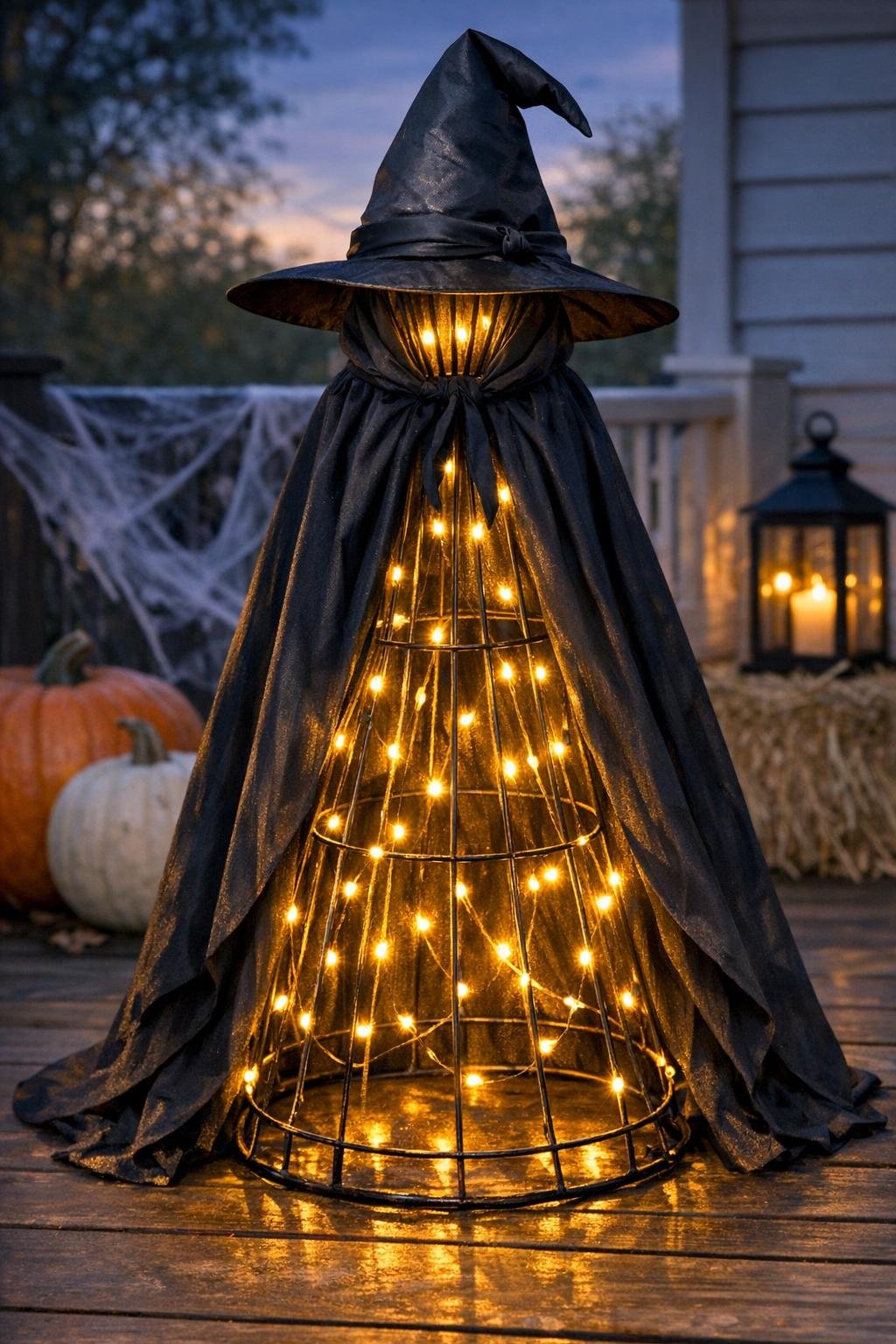Finished glowing porch witch made from an upside-down tomato cage