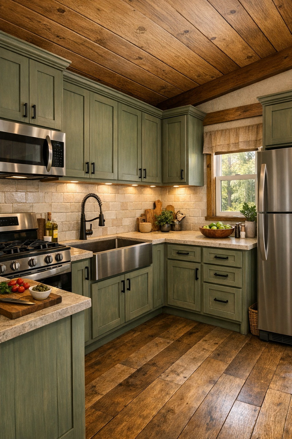 Compact lodge kitchen with warm cabinetry, stone-look counters, and handmade tile backsplash
