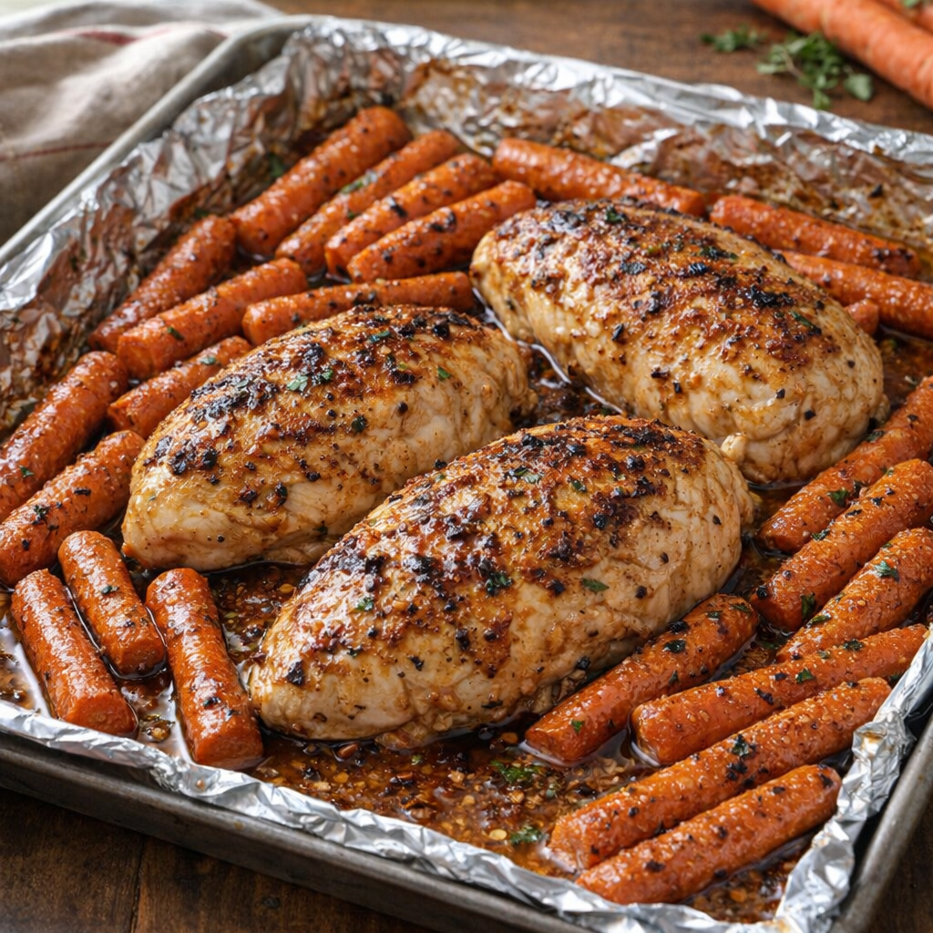 Baked chicken breasts resting over glazed carrots on a sheet pan