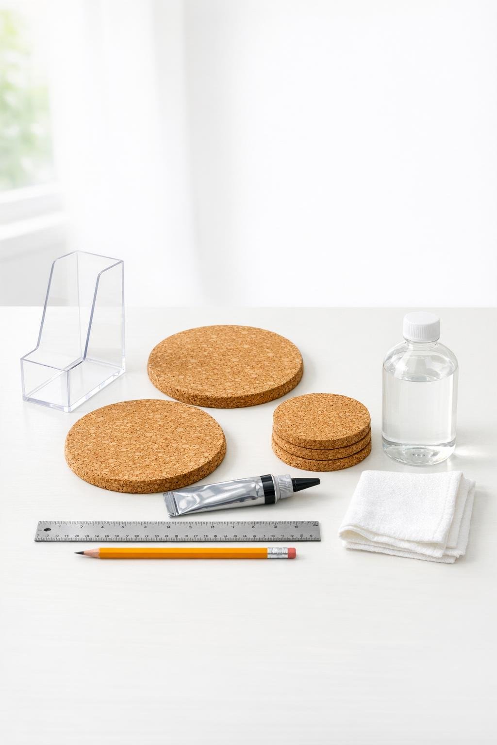 Materials for the acrylic magazine holder coaster station laid out on a table