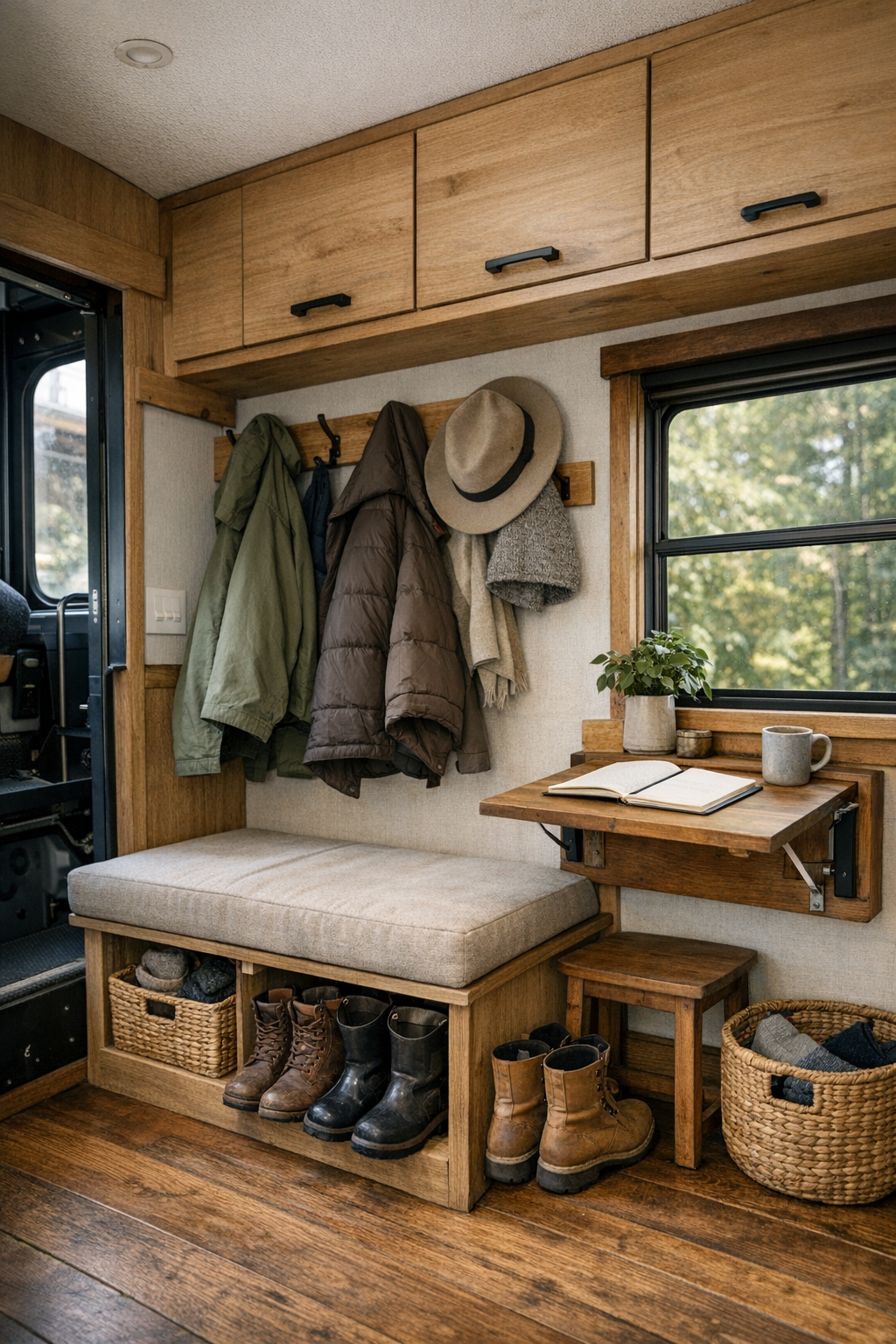 Entry and multipurpose nook inside a converted bus with storage bench and fold-down desk