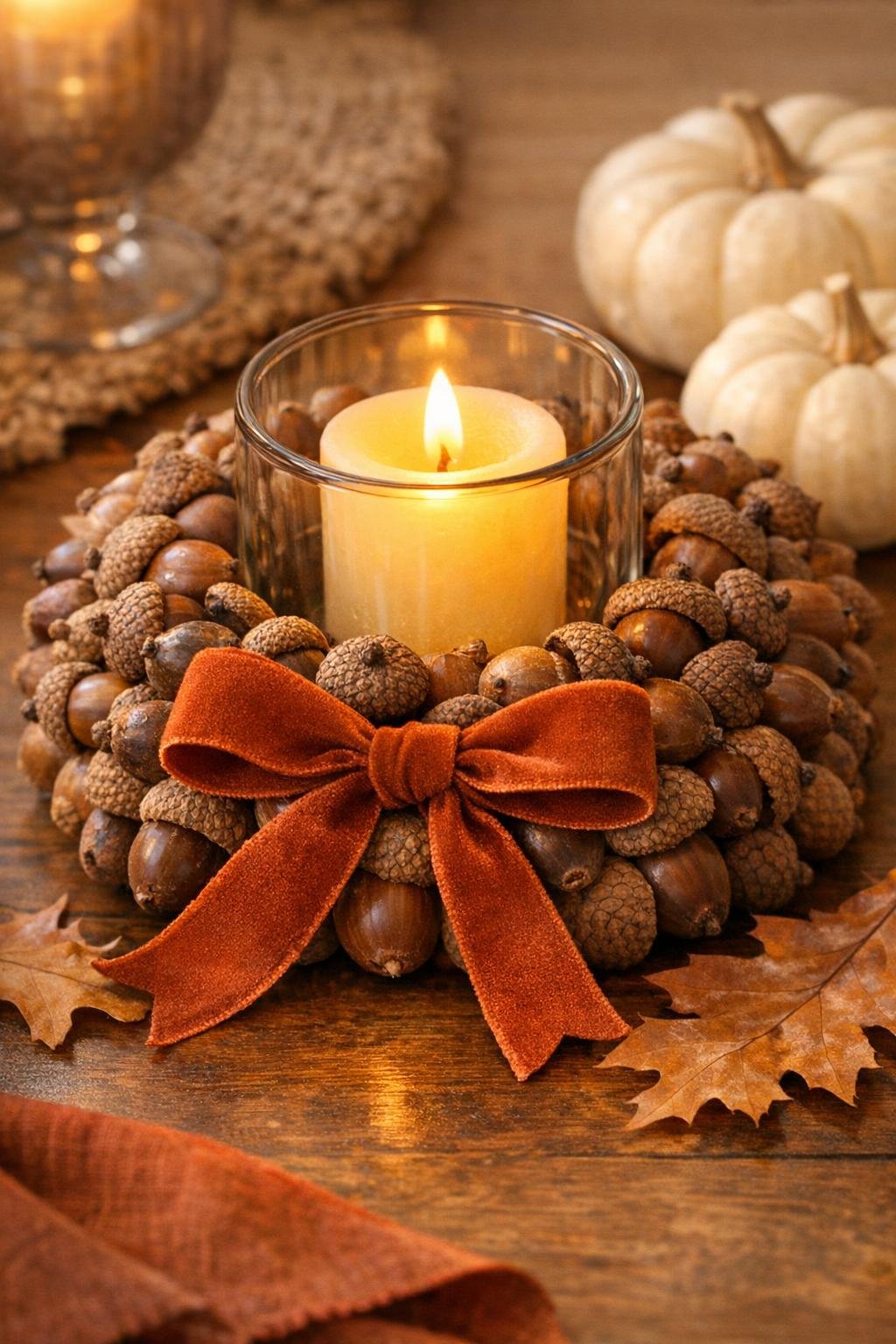 Finished acorn cluster candle ring styled on a fall table around a candle holder