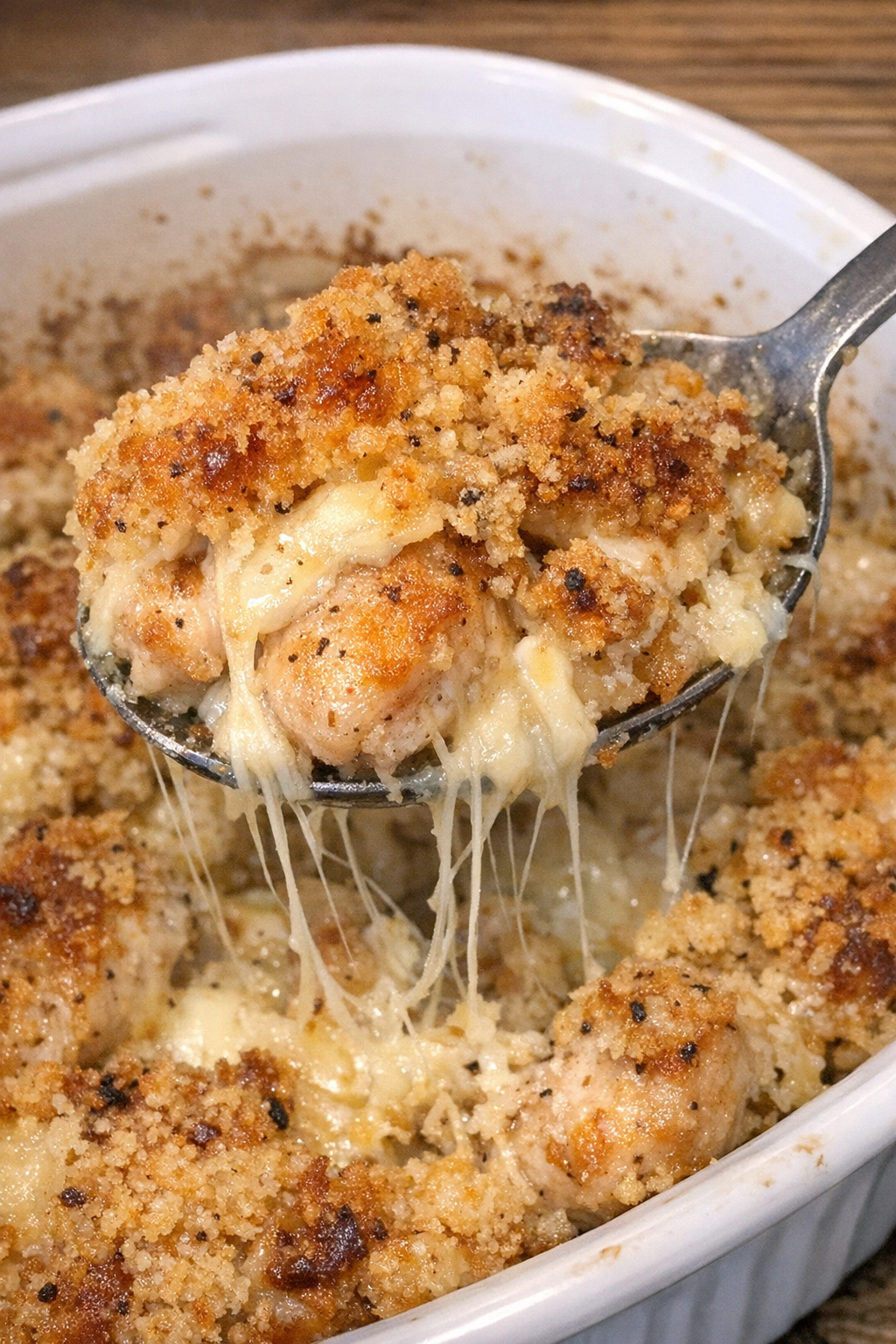 Golden brown chicken casserole in a white ceramic dish