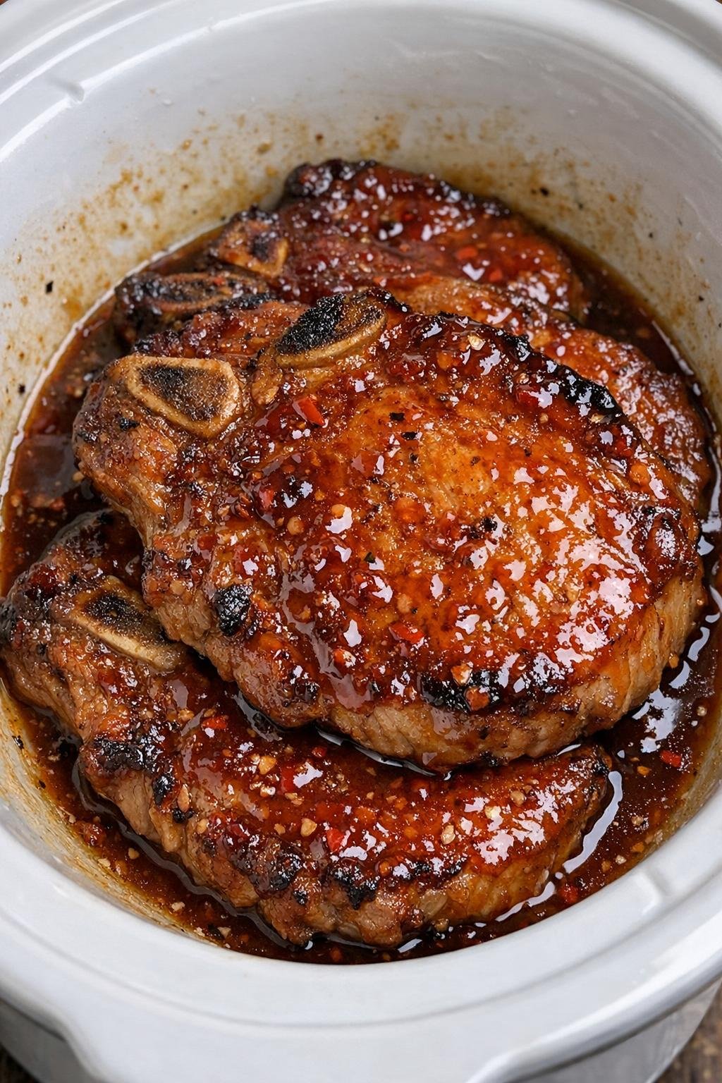 Slow cooker sweet chili pork chops in a white slow cooker
