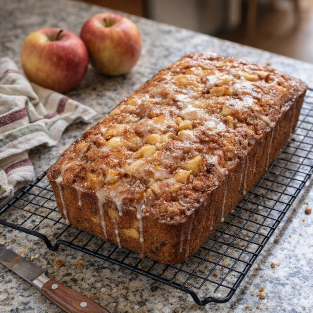 Loaf of apple fritter bread on a kitchen counter
