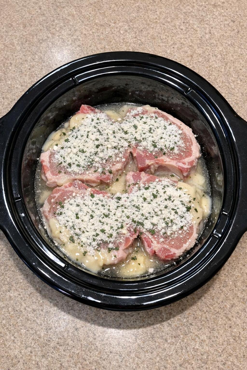 Ranch seasoning sprinkled over pork chops and soup mixture