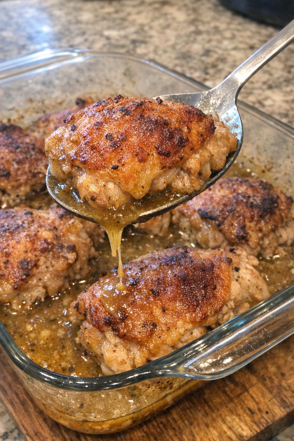 Golden brown crispy chicken thighs in a glass baking dish