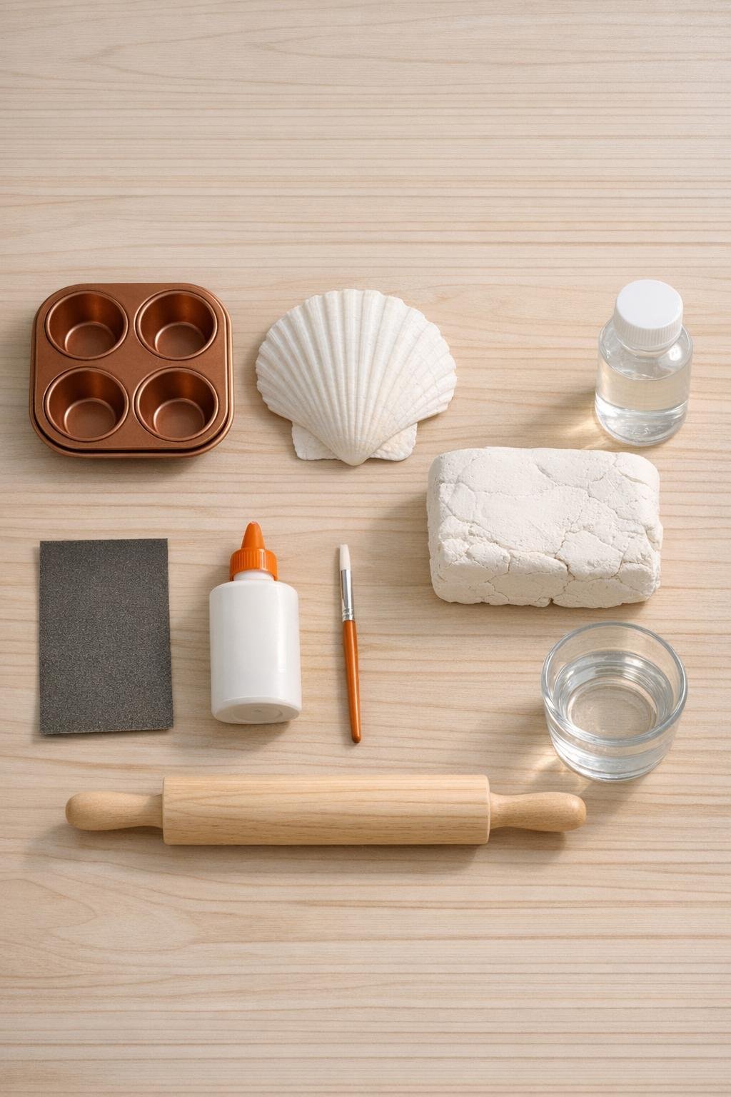 Materials laid out for making a small shell ring dish
